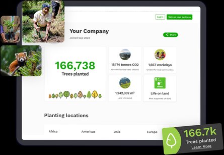Treeapp personalised impact pages with tree counter widget and photos from global planting projects.